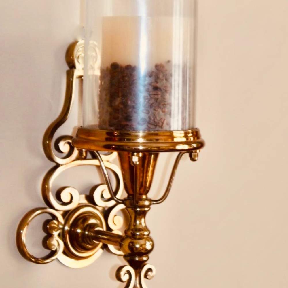 Brass Piller Candle Sconce Hurrican Glass